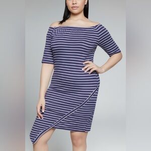 NEW•1X-3X•SOUL SUNRISE NAUTICAL VIBES NAVY & WHITE OFF-SHOULDER DRESS